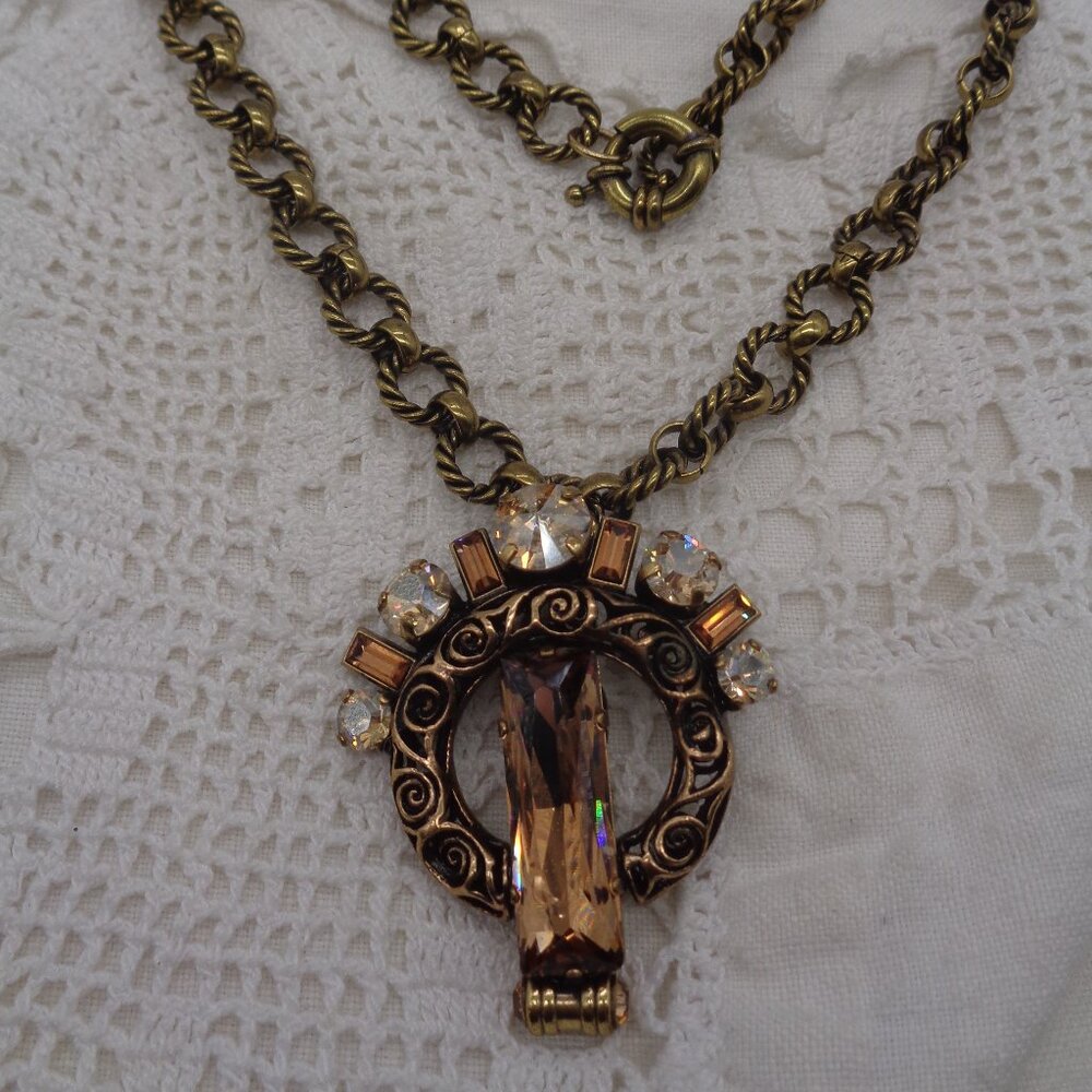 Vintage BULATTI Topaz & Champagne Crystal Statement NECKLACE Bronze Tone